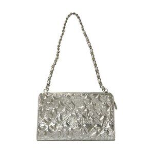 Chanel Shoulder Bag Icon Symbol Charm Silver Embossed Chain